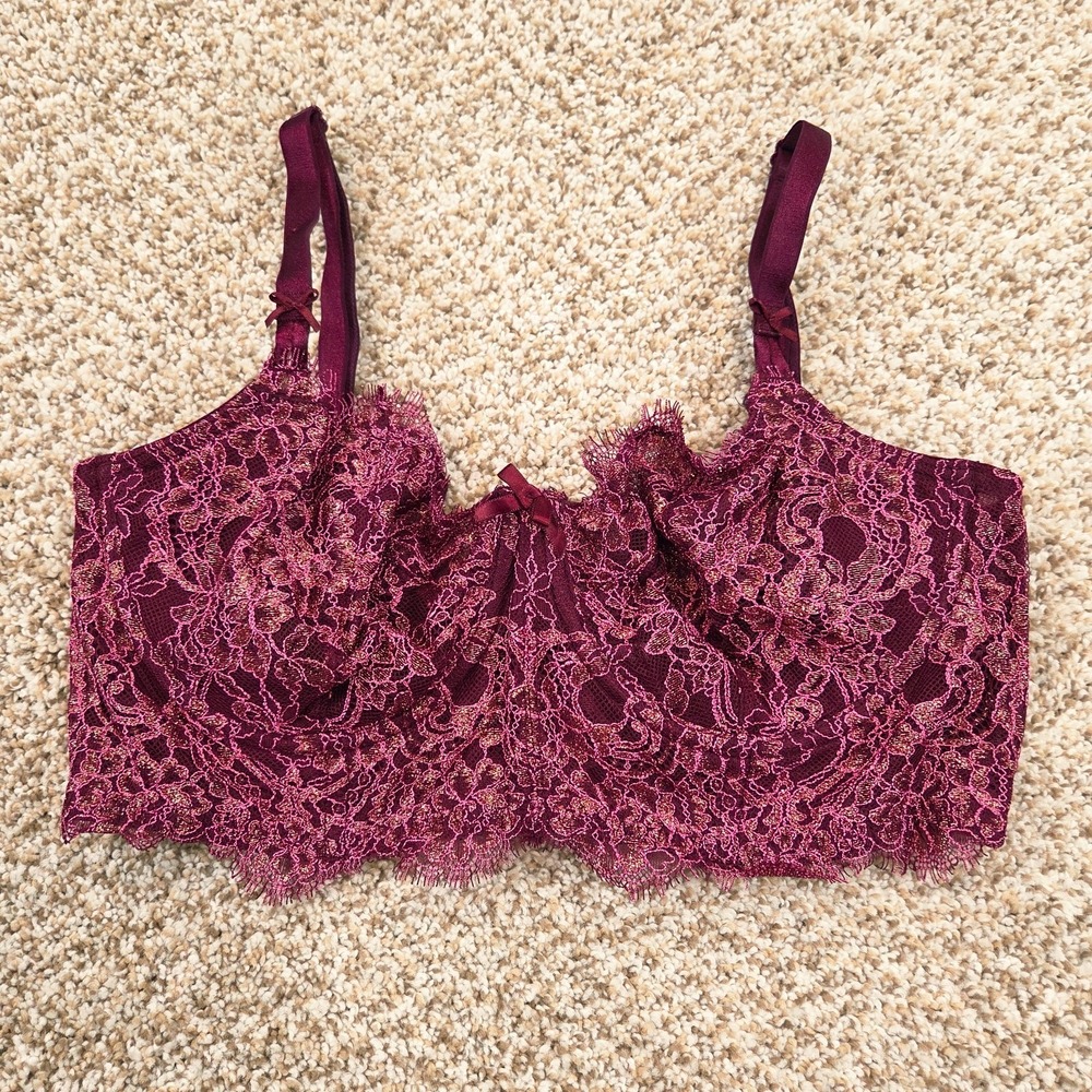 Victoria's Secret Wicked Angels‎ Pushup Bra without padding 34DD Wine Lace Bow